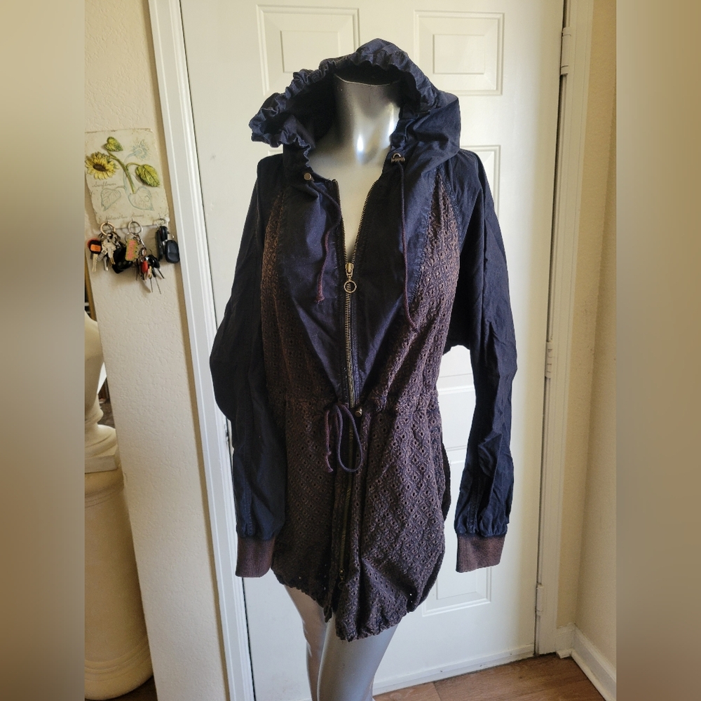 Free People Hooded Jacket Womans Xs Black Brown Distressed Look